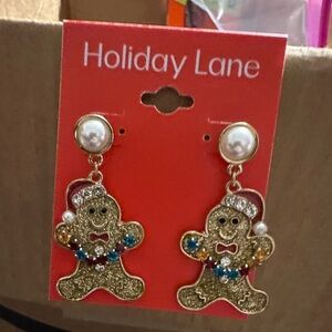 NWT Holiday Lane Gold-Tone Pearl & Multicolor Crystal Gingerbread Earrings